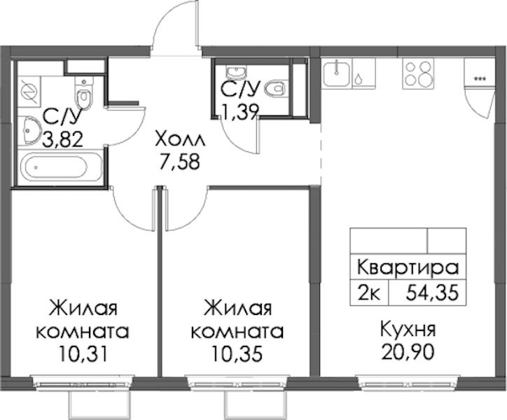 2-комнатная квартира 54.35 м², 12/12 эт., ЖК «Таллинский парк»